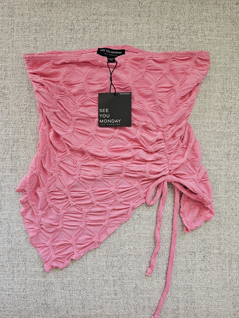 See You Monday Pink Textured Ruched Strapless Top